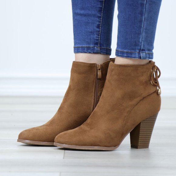 Brown Faux Suede Pointed Toe Low Heel Ankle Boots Back Laces Booties - Picture 12 of 12